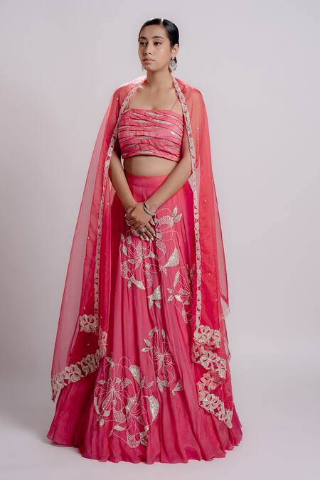 Buy_Harshita Jain_Pink Organza, Chiffon, Satin Sequins, Wave Pleats Embroidered Blouse Lehenga Set _Online_at_Aza_Fashions