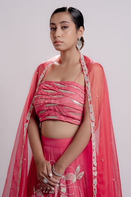 Shop_Harshita Jain_Pink Organza, Chiffon, Satin Sequins, Wave Pleats Embroidered Blouse Lehenga Set _Online_at_Aza_Fashions