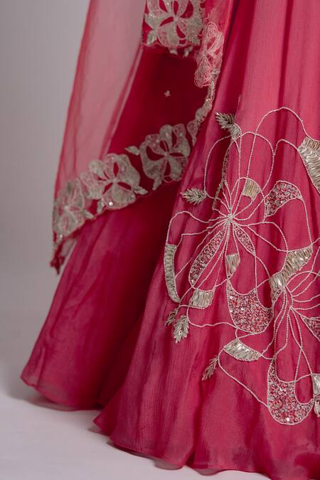 Harshita Jain_Pink Organza, Chiffon, Satin Sequins, Wave Pleats Embroidered Blouse Lehenga Set _at_Aza_Fashions