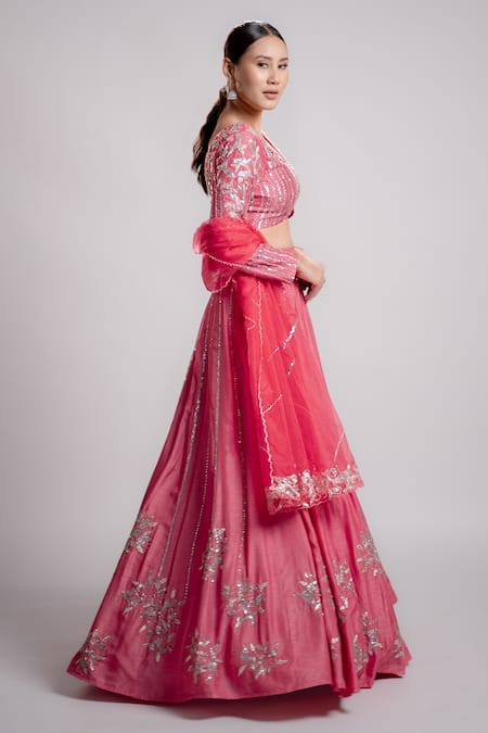 Harshita Jain Pink Satin Sequins, Beads, Pearls V-neck Floral Hand Embroidered Lehenga Set Online at Aza Fashions Harshita Jain_Pink Satin Sequins, Beads, Pearls V-neck Floral Hand Embroidered Lehenga Set _Online_at_Aza_Fashions