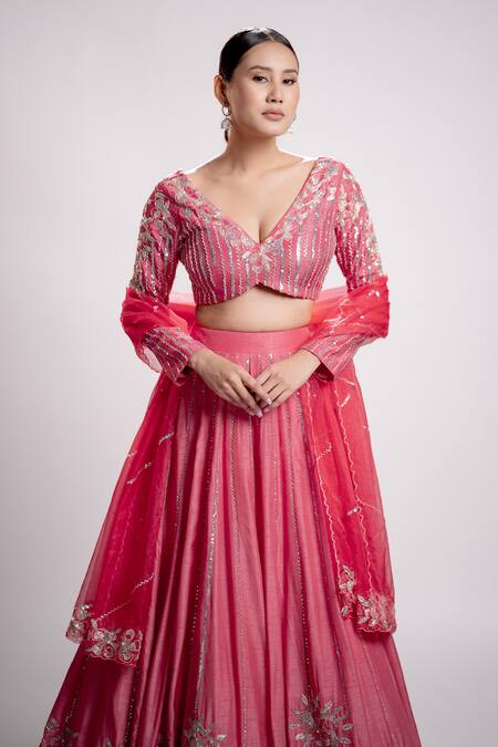 Buy Harshita Jain Pink Satin Sequins, Beads, Pearls V-neck Floral Hand Embroidered Lehenga Set Online at Aza Fashions Buy_Harshita Jain_Pink Satin Sequins, Beads, Pearls V-neck Floral Hand Embroidered Lehenga Set _Online_at_Aza_Fashions
