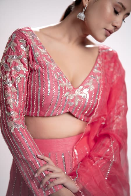Shop Harshita Jain Pink Satin Sequins, Beads, Pearls V-neck Floral Hand Embroidered Lehenga Set Online at Aza Fashions Shop_Harshita Jain_Pink Satin Sequins, Beads, Pearls V-neck Floral Hand Embroidered Lehenga Set _Online_at_Aza_Fashions