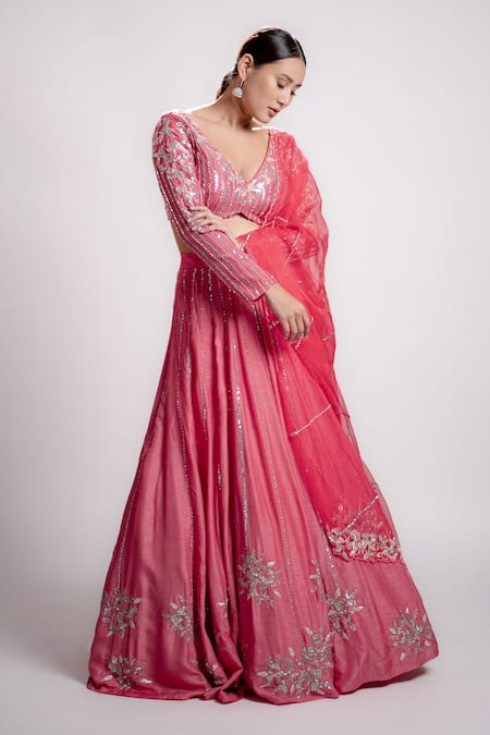 Harshita Jain Pink Satin Sequins, Beads, Pearls V-neck Floral Hand Embroidered Lehenga Set at Aza Fashions Harshita Jain_Pink Satin Sequins, Beads, Pearls V-neck Floral Hand Embroidered Lehenga Set _at_Aza_Fashions