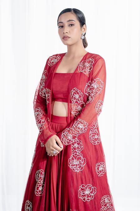 Harshita Jain_Red Net, Chiffon Pearls, Sequins, Beads Rose Hand Embroidered Jacket Lehenga Set _Online_at_Aza_Fashions