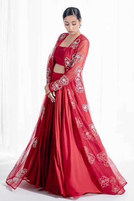 Buy_Harshita Jain_Red Net, Chiffon Pearls, Sequins, Beads Rose Hand Embroidered Jacket Lehenga Set _Online_at_Aza_Fashions