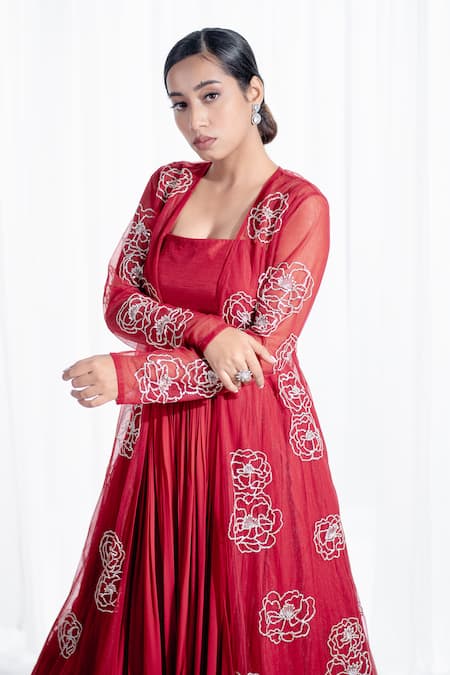 Shop_Harshita Jain_Red Net, Chiffon Pearls, Sequins, Beads Rose Hand Embroidered Jacket Lehenga Set _Online_at_Aza_Fashions