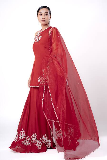 Harshita Jain Red Satin, Chiffon Pearls, Beads, Embroidery, Floral Hand Kurta Sharara Set Online at Aza Fashions Harshita Jain_Red Satin, Chiffon Pearls, Beads, Embroidery, Floral Hand Kurta Sharara Set _Online_at_Aza_Fashions