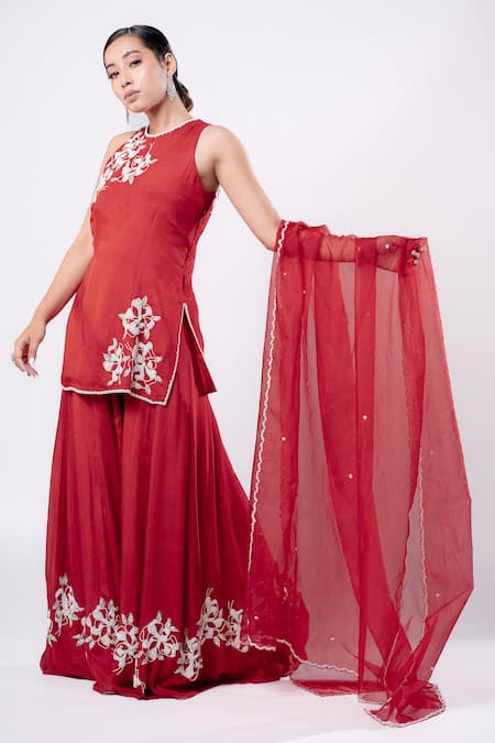 Buy Harshita Jain Red Satin, Chiffon Pearls, Beads, Embroidery, Floral Hand Kurta Sharara Set Online at Aza Fashions Buy_Harshita Jain_Red Satin, Chiffon Pearls, Beads, Embroidery, Floral Hand Kurta Sharara Set _Online_at_Aza_Fashions
