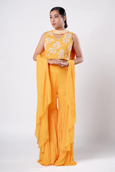 Harshita Jain Yellow Chiffon Hand Embroidery Sequin V Floral Blouse Sharara Set  