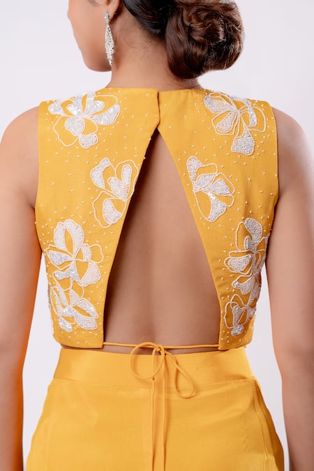 Buy_Harshita Jain_Yellow Chiffon Sequins, Beads V-neck Floral Hand Embroidered Blouse Sharara Set _Online_at_Aza_Fashions