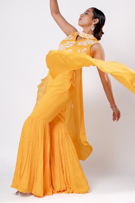 Shop_Harshita Jain_Yellow Chiffon Sequins, Beads V-neck Floral Hand Embroidered Blouse Sharara Set _Online_at_Aza_Fashions