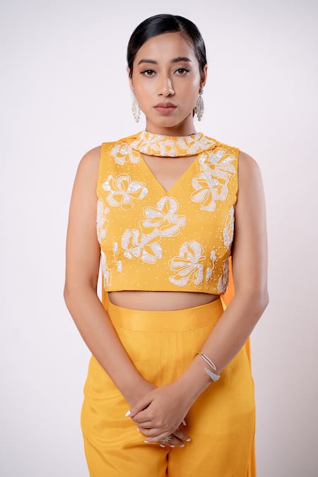 Harshita Jain_Yellow Chiffon Sequins, Beads V-neck Floral Hand Embroidered Blouse Sharara Set _at_Aza_Fashions