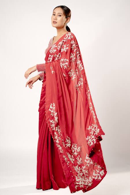 Harshita Jain Red Satin Chiffon Hand Embroidery Sequin Floral Saree   4