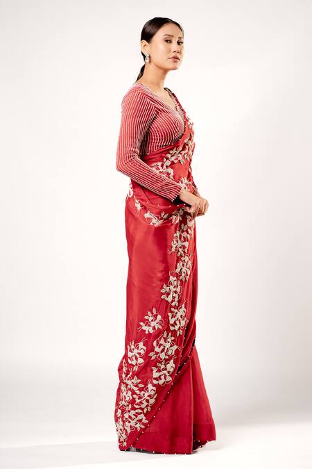 Harshita Jain Red Satin Chiffon Hand Embroidery Sequin Floral Saree   5