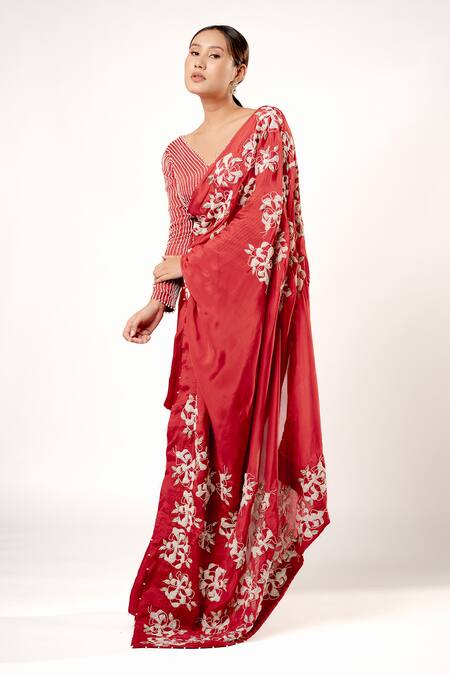 Harshita Jain Red Satin Chiffon Hand Embroidery Sequin Floral Saree   6