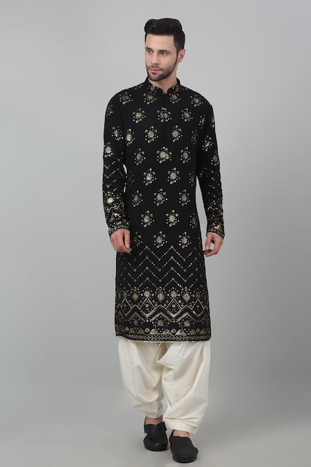 Buy_Aham-Vayam_Black Cotton Sequins Sitaara Jahan Embroidered Kurta Set _Online_at_Aza_Fashions