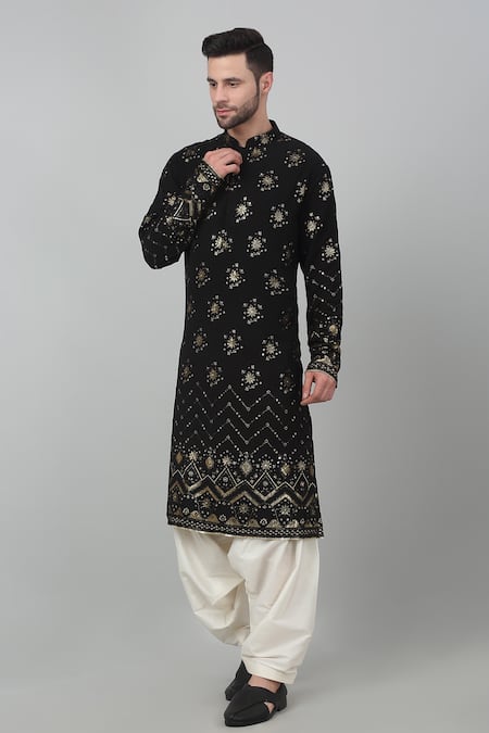 Shop_Aham-Vayam_Black Cotton Sequins Sitaara Jahan Embroidered Kurta Set _Online_at_Aza_Fashions