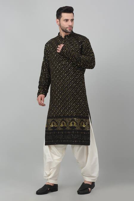 Shop Aham-Vayam Black Cotton Embroidery Suryaansh Sequin Kurta Set Online at Aza Fashions Shop_Aham-Vayam_Black Cotton Embroidery Suryaansh Sequin Kurta Set _Online_at_Aza_Fashions