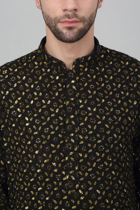 Aham-Vayam Black Cotton Embroidery Suryaansh Sequin Kurta Set at Aza Fashions Aham-Vayam_Black Cotton Embroidery Suryaansh Sequin Kurta Set _at_Aza_Fashions