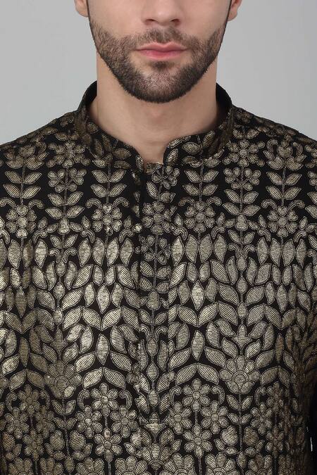 Shop Aham-Vayam Black Cotton Zari, Sequins Pulbangush Embroidered Kurta Set Online at Aza Fashions Shop_Aham-Vayam_Black Cotton Zari, Sequins Pulbangush Embroidered Kurta Set _Online_at_Aza_Fashions