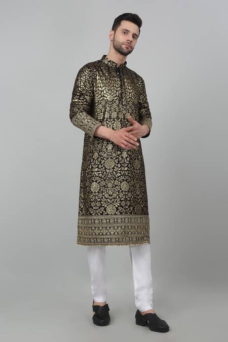 Aham-Vayam Black Cotton Zari, Sequins Pulbangush Embroidered Kurta Set at Aza Fashions Aham-Vayam_Black Cotton Zari, Sequins Pulbangush Embroidered Kurta Set _at_Aza_Fashions