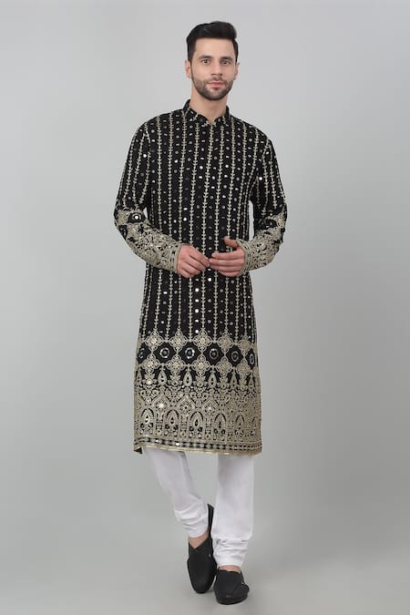 Aham-Vayam Black Cotton Embroidered Thread Jahanuma Mughal Kurta Set 