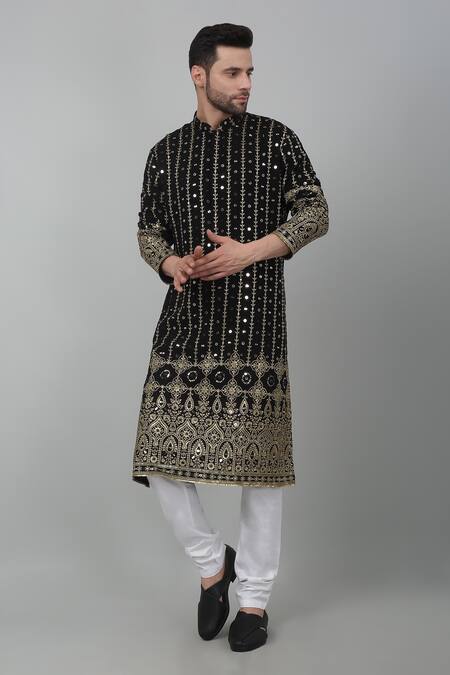 Aham-Vayam Black Cotton Zari, Sequins Jahanuma Mughal Embroidered Kurta Set at Aza Fashions Aham-Vayam_Black Cotton Zari, Sequins Jahanuma Mughal Embroidered Kurta Set _at_Aza_Fashions