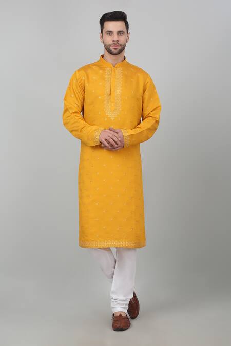 Aham-Vayam Yellow Cotton Embroidery, Sequins Riwayat Thread Kurta Set Online at Aza Fashions Aham-Vayam_Yellow Cotton Embroidery, Sequins Riwayat Thread Kurta Set _Online_at_Aza_Fashions