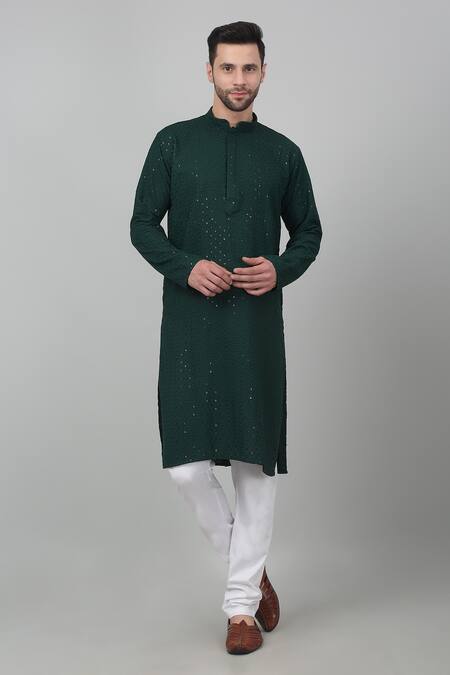 Aham-Vayam Green Cotton Embroidered Thread And Sequin Work & Kurta Set 