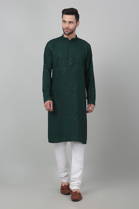 Aham-Vayam_Green Cotton Sequins Thread And Embroidered Kurta Set _Online_at_Aza_Fashions