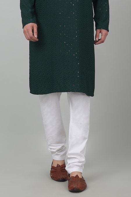 Buy_Aham-Vayam_Green Cotton Sequins Thread And Embroidered Kurta Set _Online_at_Aza_Fashions