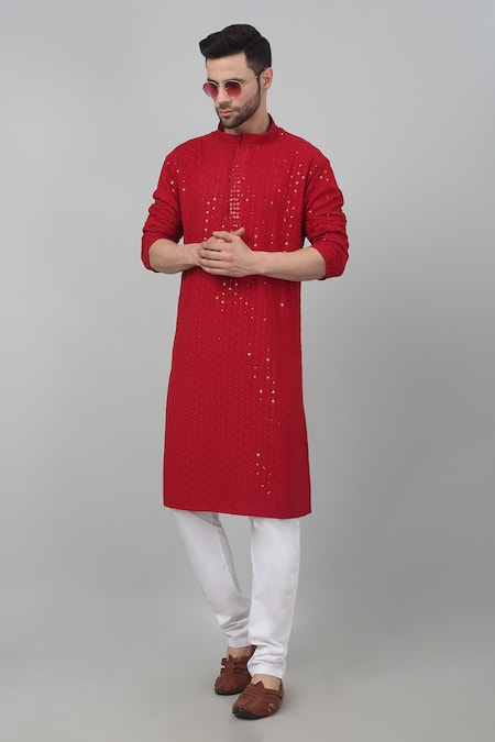 Aham-Vayam Red Cotton Embroidered Thread And Sequin Work & Kurta Set 