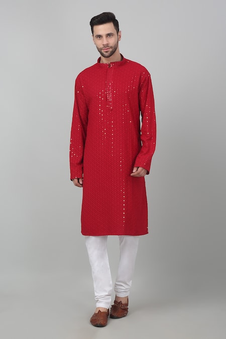 Aham-Vayam Red Cotton Sequins Thread And Work Kurta Set Online at Aza Fashions Aham-Vayam_Red Cotton Sequins Thread And Work Kurta Set_Online_at_Aza_Fashions