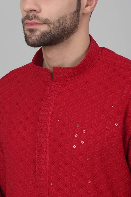 Shop Aham-Vayam Red Cotton Sequins Thread And Work Kurta Set Online at Aza Fashions Shop_Aham-Vayam_Red Cotton Sequins Thread And Work Kurta Set_Online_at_Aza_Fashions