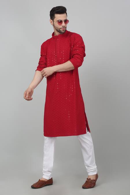 Aham-Vayam Red Cotton Sequins Thread And Work Kurta Set at Aza Fashions Aham-Vayam_Red Cotton Sequins Thread And Work Kurta Set_at_Aza_Fashions