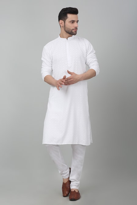 Aham-Vayam White Cotton Embroidered Thread And Sequin Work Checkered Kurta Set 