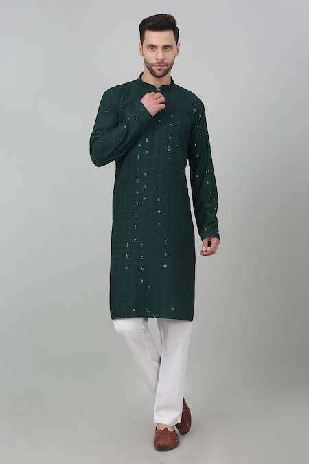 Aham-Vayam Green Cotton Embroidered Thread And Sequin Work Himgir Checkered Kurta Set 