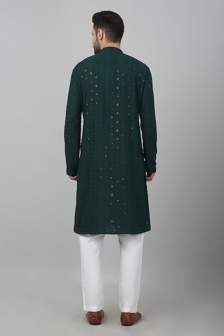 Shop_Aham-Vayam_Green Cotton Embroidery, Sequins Himgir Checkered Thread Work Kurta Set _at_Aza_Fashions