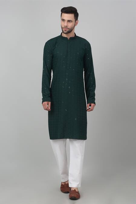 Buy_Aham-Vayam_Green Cotton Embroidery, Sequins Himgir Checkered Thread Work Kurta Set _Online_at_Aza_Fashions