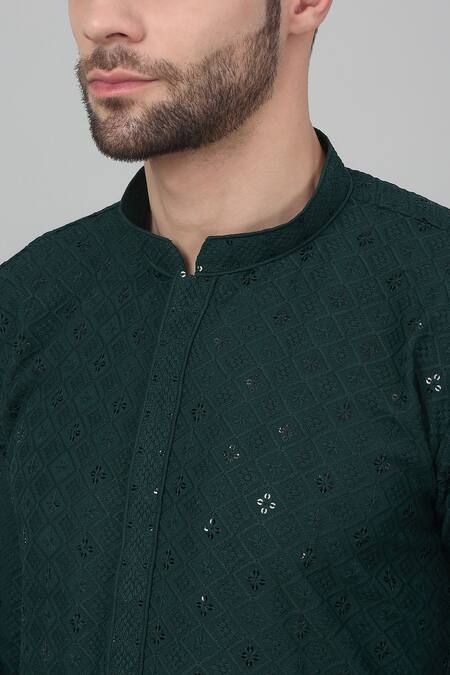 Shop_Aham-Vayam_Green Cotton Embroidery, Sequins Himgir Checkered Thread Work Kurta Set _Online_at_Aza_Fashions
