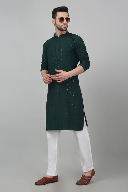Aham-Vayam_Green Cotton Embroidery, Sequins Himgir Checkered Thread Work Kurta Set _at_Aza_Fashions