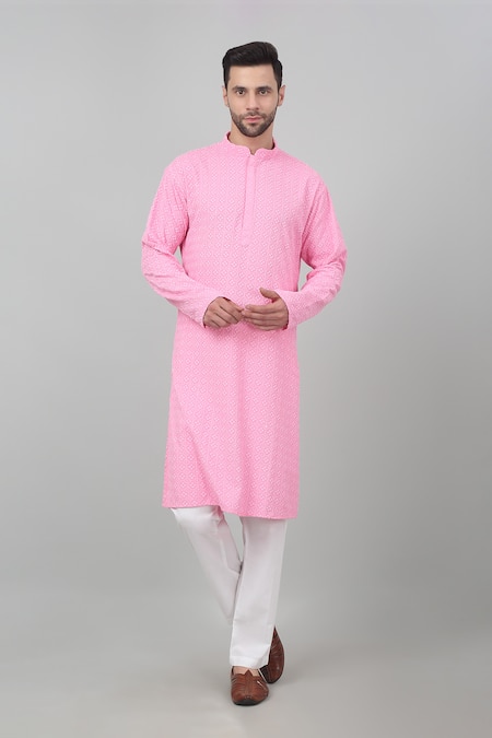 Aham-Vayam Pink Cotton Embroidered Thread And Sequin Checkered Pattern Kurta Set 