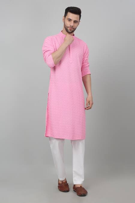 Shop Aham-Vayam Pink Cotton Embroidery Checkered Thread Kurta Set Online at Aza Fashions Shop_Aham-Vayam_Pink Cotton Embroidery Checkered Thread Kurta Set _Online_at_Aza_Fashions