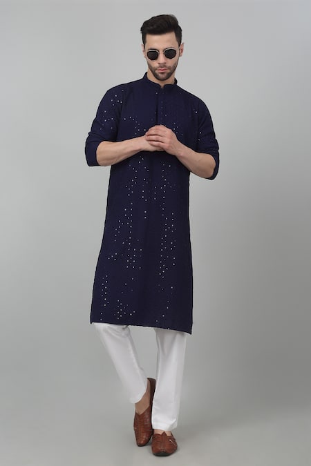 Aham-Vayam Blue Cotton Embroidered Thread And Sequin Checkered Pattern Kurta Set 