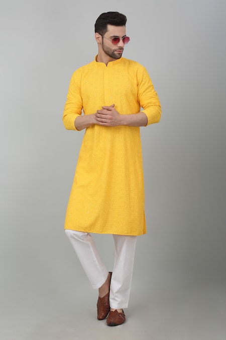 Aham-Vayam Yellow Cotton Embroidered Thread And Sequin Checkered Pattern Kurta Set 