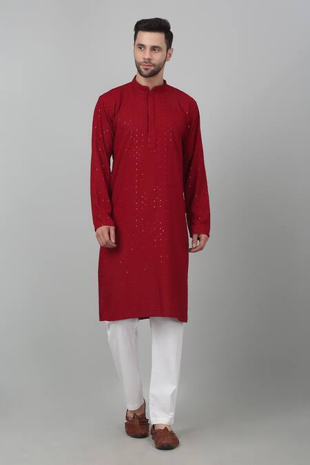 Buy_Aham-Vayam_Red Cotton Sequins Thread Work Kurta Set _Online_at_Aza_Fashions