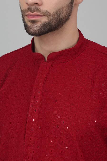 Shop_Aham-Vayam_Red Cotton Sequins Thread Work Kurta Set _Online_at_Aza_Fashions