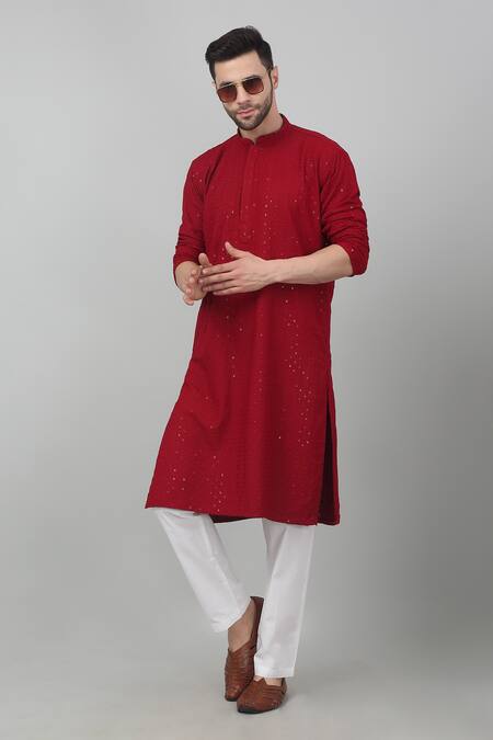 Aham-Vayam_Red Cotton Sequins Thread Work Kurta Set _at_Aza_Fashions