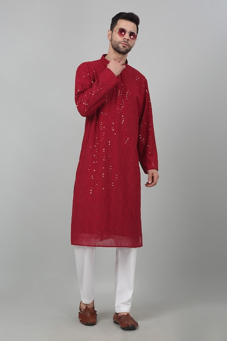 Aham-Vayam Red Cotton Embroidered Thread And Sequin Work Lehar Jashn Kurta Set 