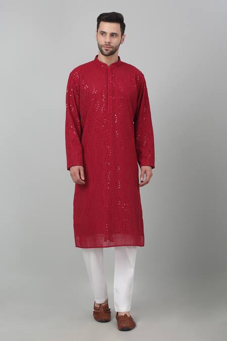 Buy_Aham-Vayam_Red Cotton Embroidery Lehar Jashn Thread Kurta Set _Online_at_Aza_Fashions